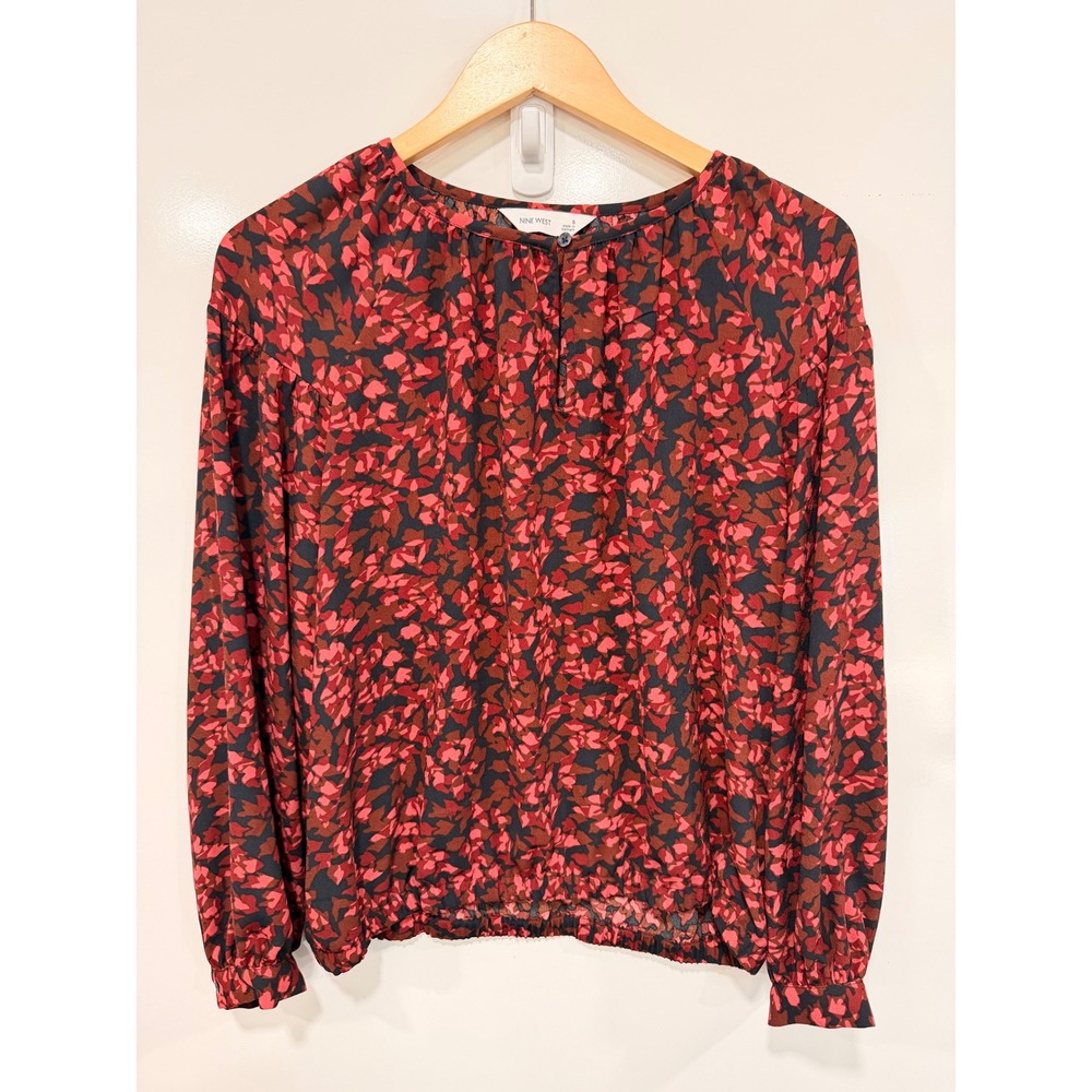Nine West Womens Red Black Abstract Floral Blouse Long Sleeve Keyhole Top Small